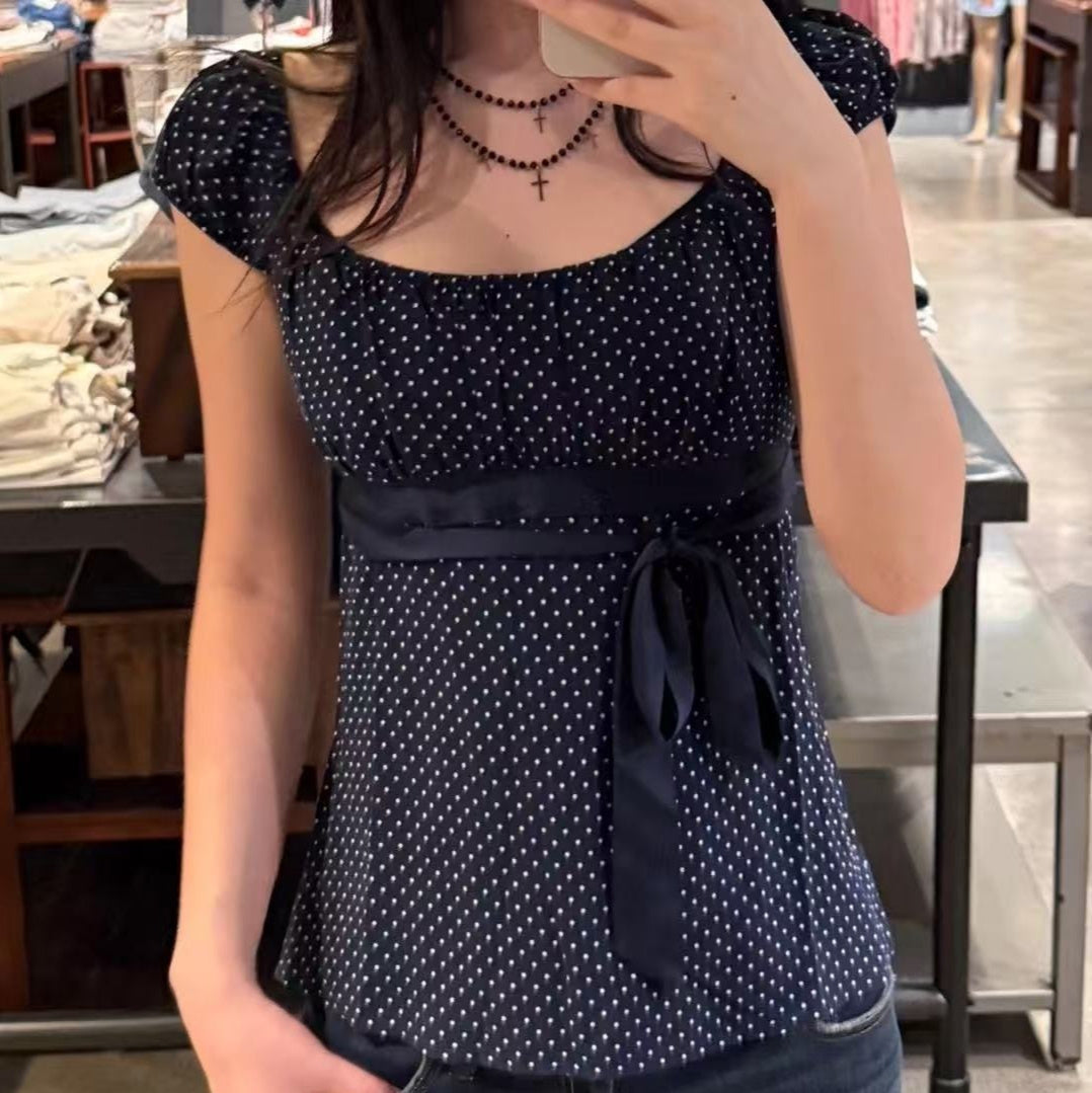 New Pure Desire Style Sweet Polka Dot Short Sleeve Slim Slimming Bow Tie