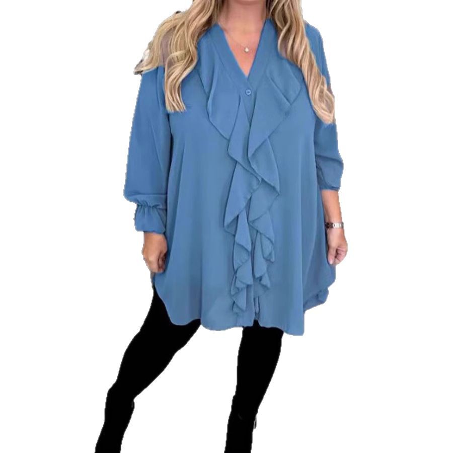 Women's Solid Color Loose Lotus Leaf V-neck Long Sleeve Shirt