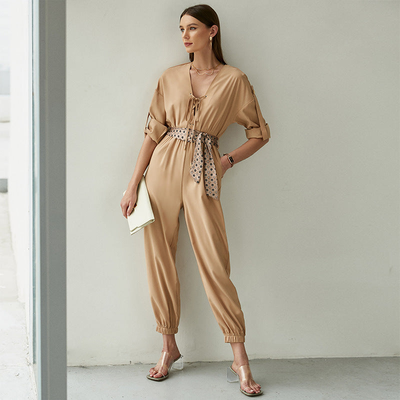 Mode Off-shoulder Løs Chiffon Western-stil Lolita Sløjfe Ensfarvet Kortærmet Jumpsuit