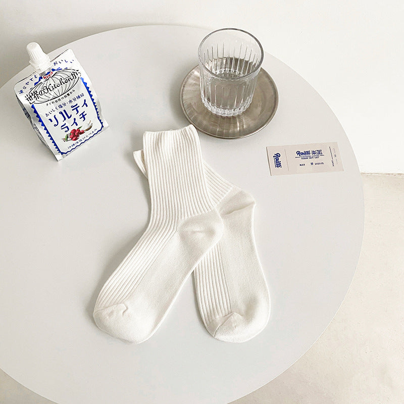 Women's Double Needle Vertical Strip Solid Color Medium Tube Pile Socks