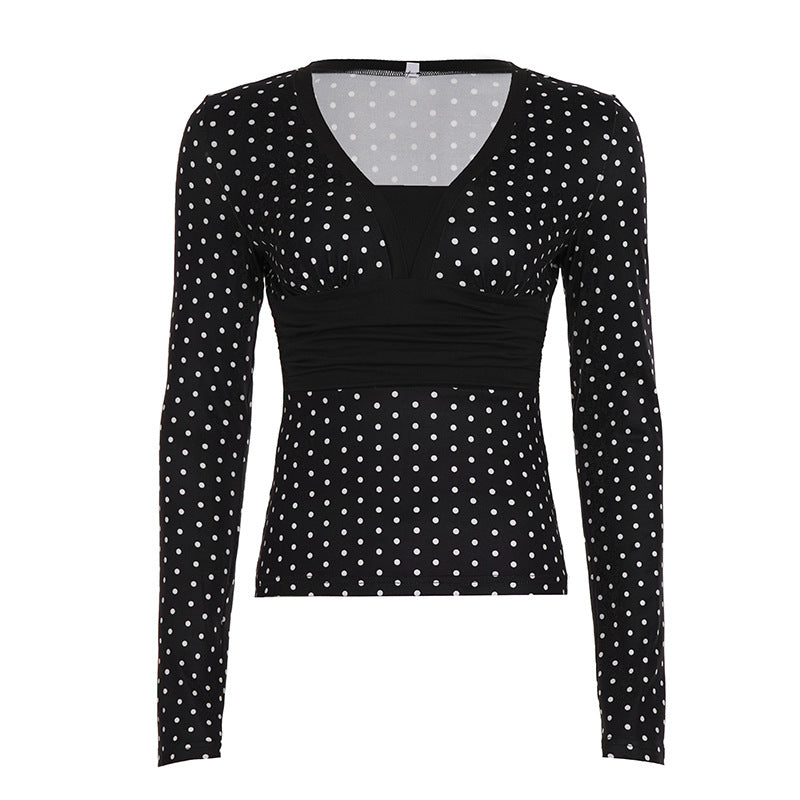 U-neck Slim-fit Low-cut Long-sleeve Faux Two-piece Polka-dot T-shirt