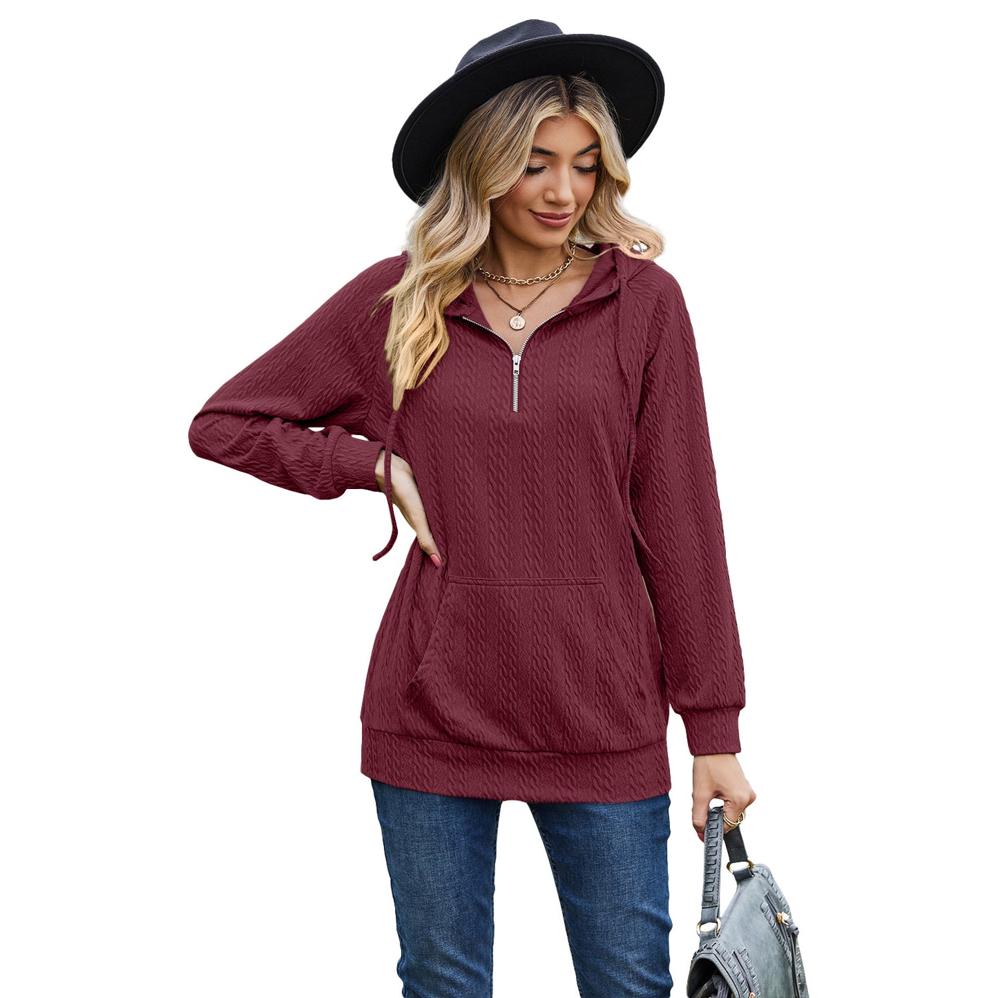 Dame Solid Color Hættetrøje med Lynlås Løs Langærmet Sweatshirt