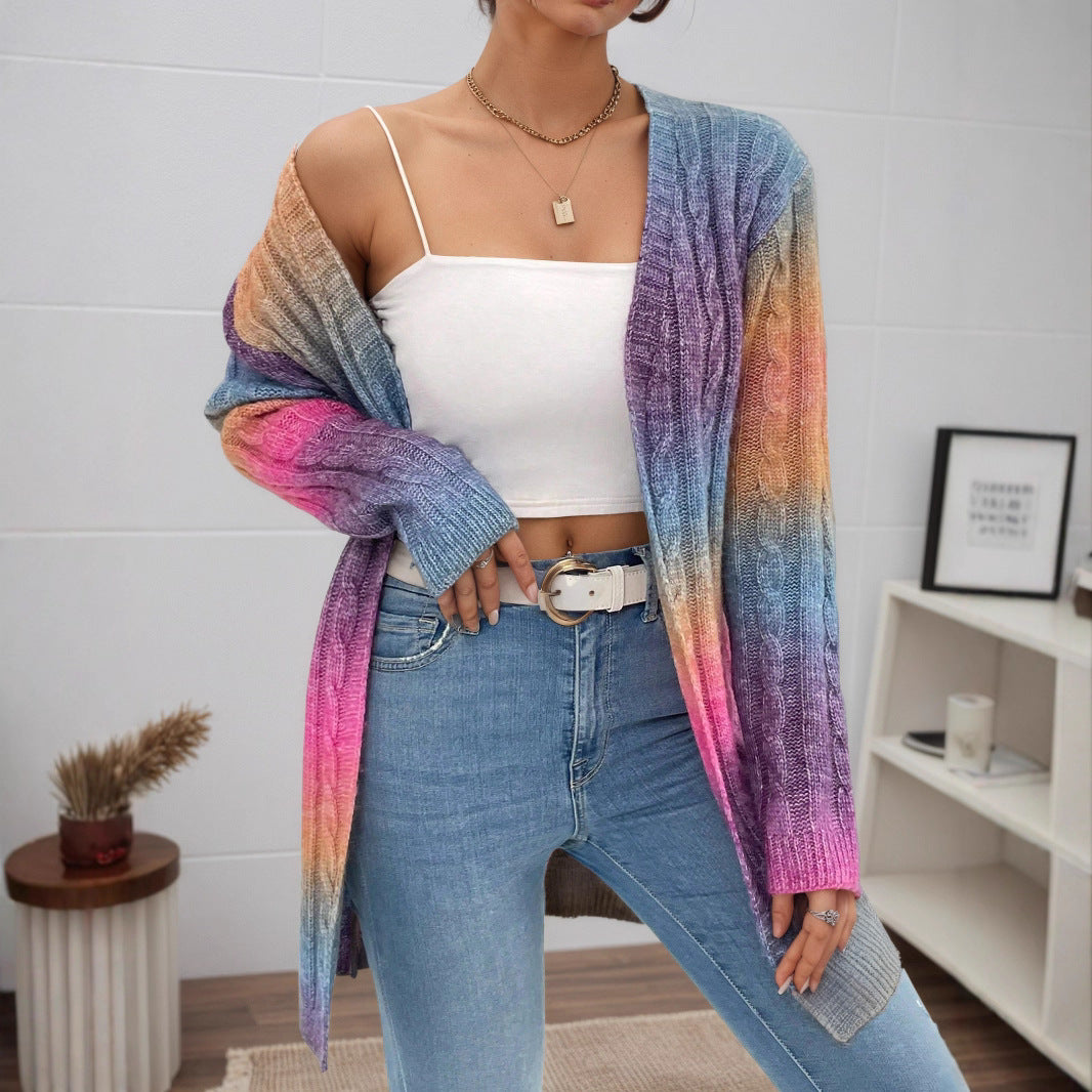 Gradient Color Twist Knitted Cardigan Coat For Women