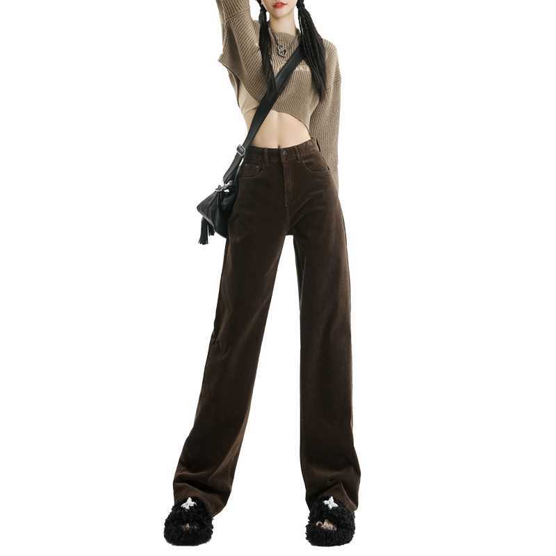 Winter Hot Coffee Brown Corduroy Wide-leg Pants Women