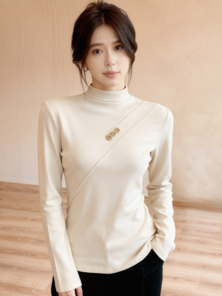 Button-up Half Turtleneck Fleece Long-sleeve Women's Base Layer Shirt
