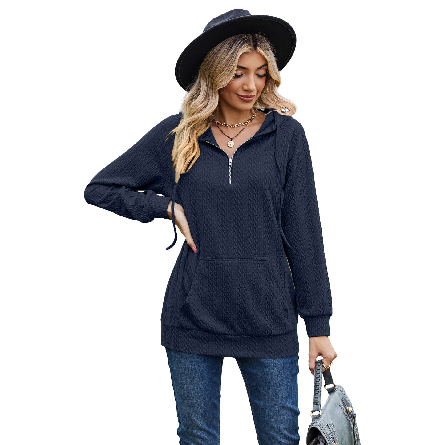 Dame Solid Color Hættetrøje med Lynlås Løs Langærmet Sweatshirt