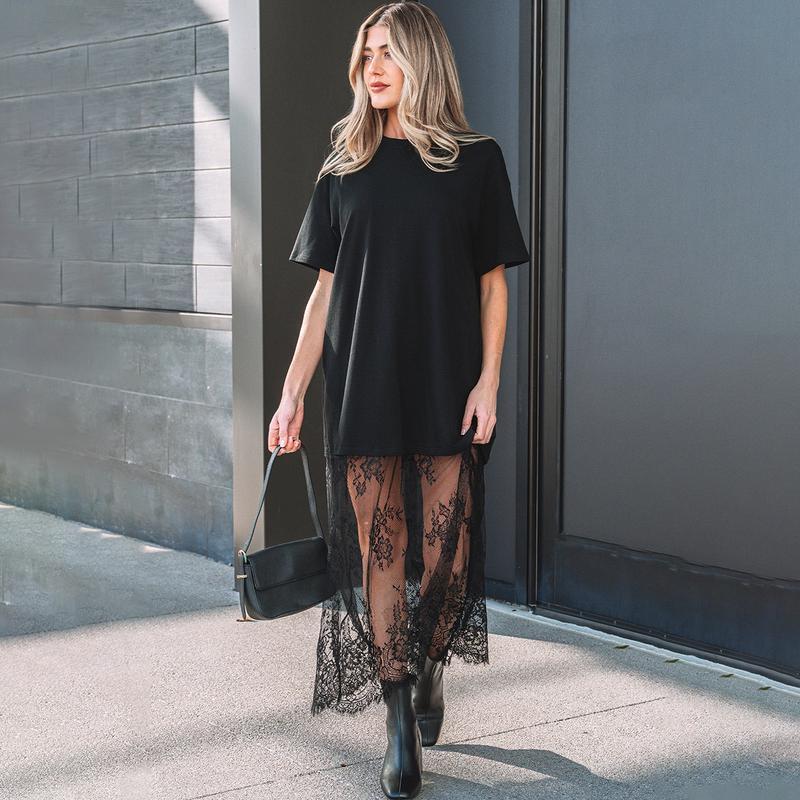 Plus-size Slimming Casual Solid-color Lace-panel Dress