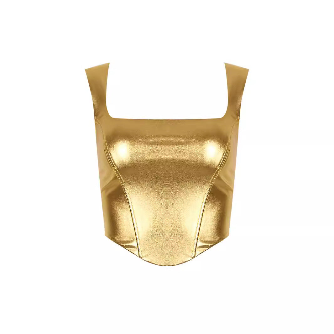 Women's Gold Spaghetti-strap Slim Fishbone Short Top
