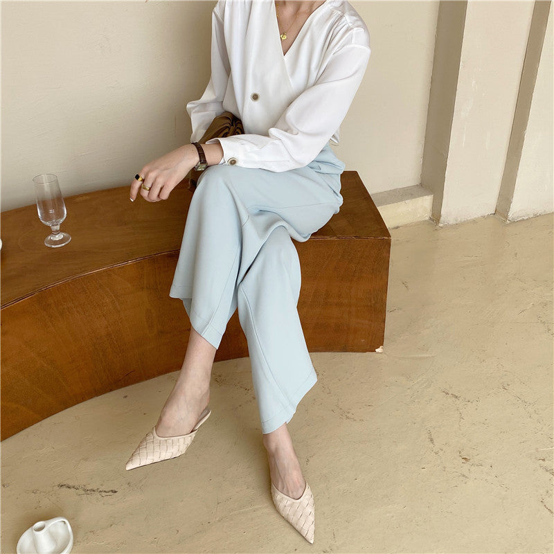 Woven pointed mid-heel half slippers