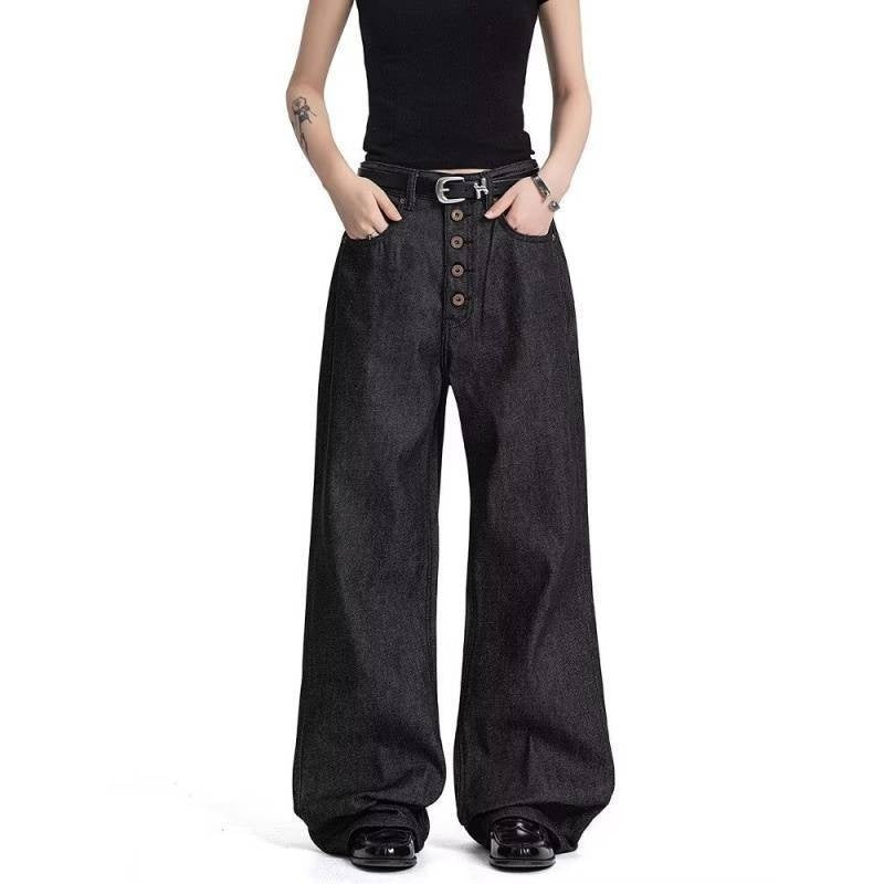 American-style Button-fly Black Raw Denim Bootcut Jeans