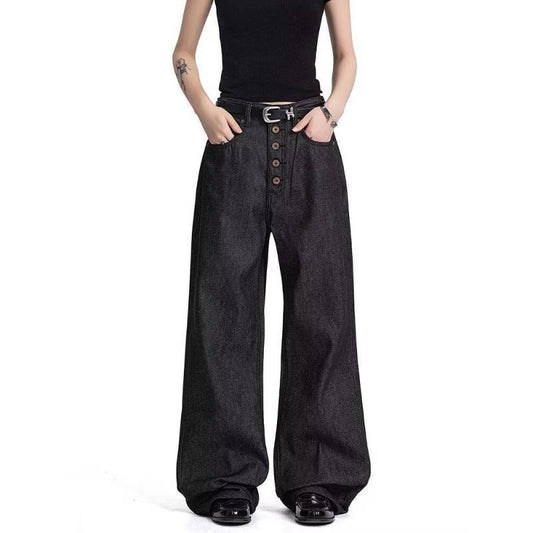 American-style Button-fly Black Raw Denim Bootcut Jeans