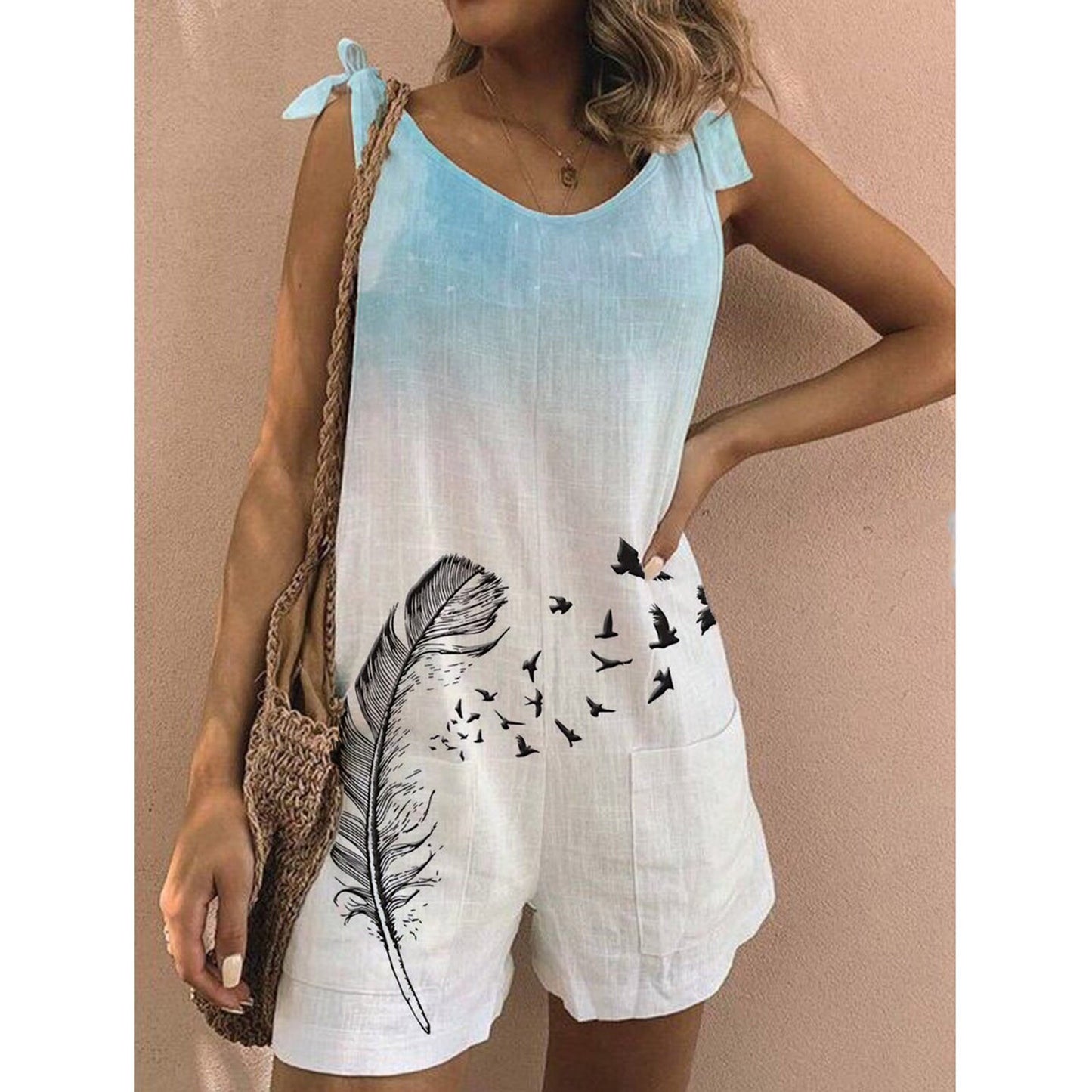 New Printed Cotton And Linen Slub Loose Style Jumpsuit