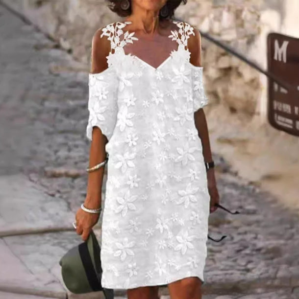 Womens V-Neck Lace Slip Dress With Patchwork Embroidery