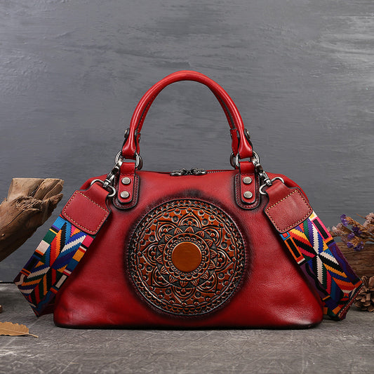 Women's Business Handbag First Layer Cowhide Zipper Shoulder Bag Large Capacity Retro Totem