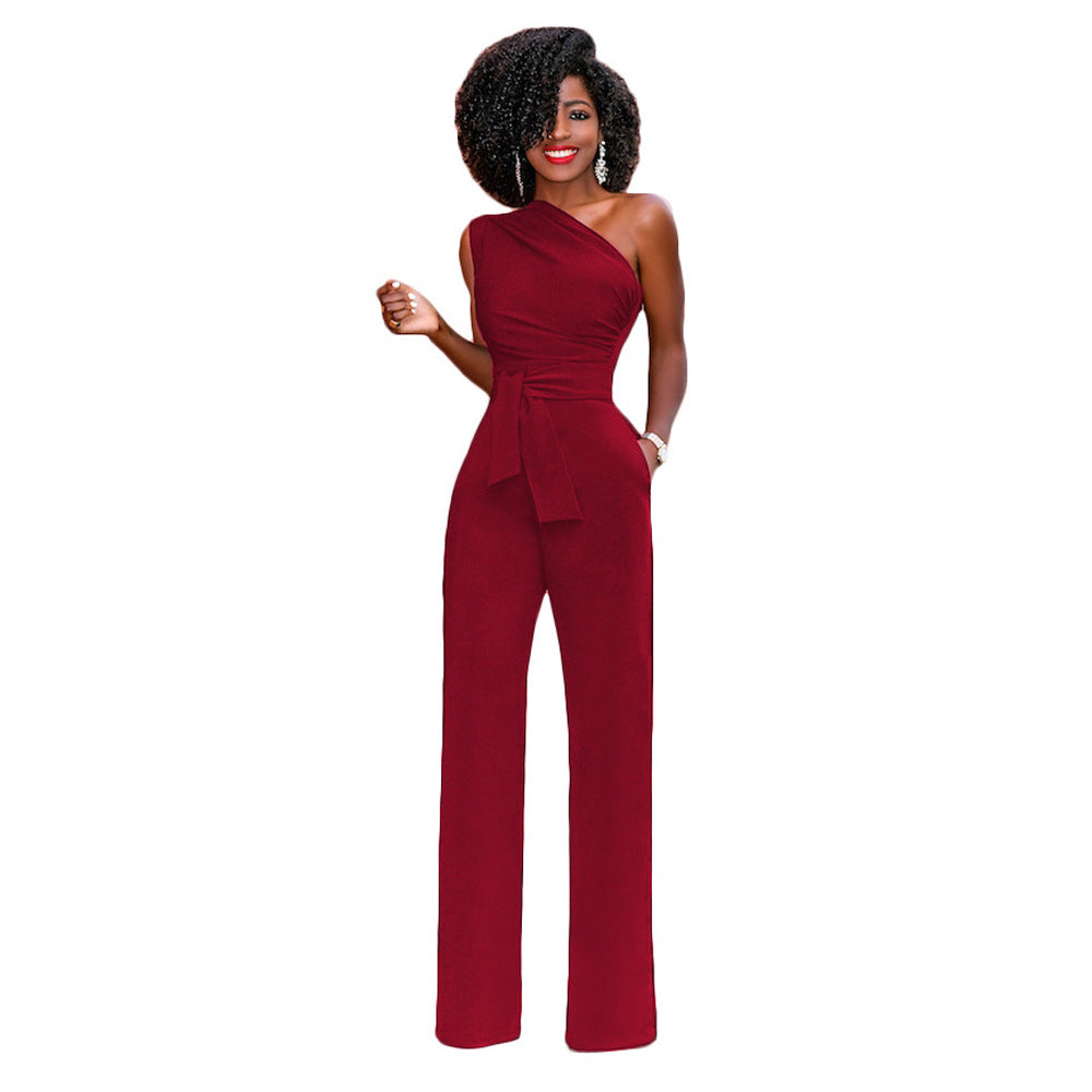 Solid-color Slanted-collar Buttoned Jumpsuit With Wide Legs