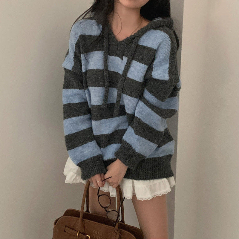 Contrast Color And Versatile Long Sleeve Hooded Striped Sweater Pullover