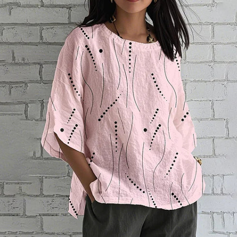 Comstylish Loose Linen Blend T-Shirt With Geometric Art Print