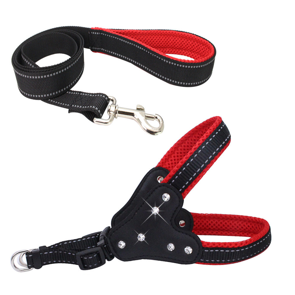 Komfortabelt Mesh Stof Skinnende Rhinestone Kæledyrs Håndholdt Reb Reflekterende Hundebrystrem Veststil