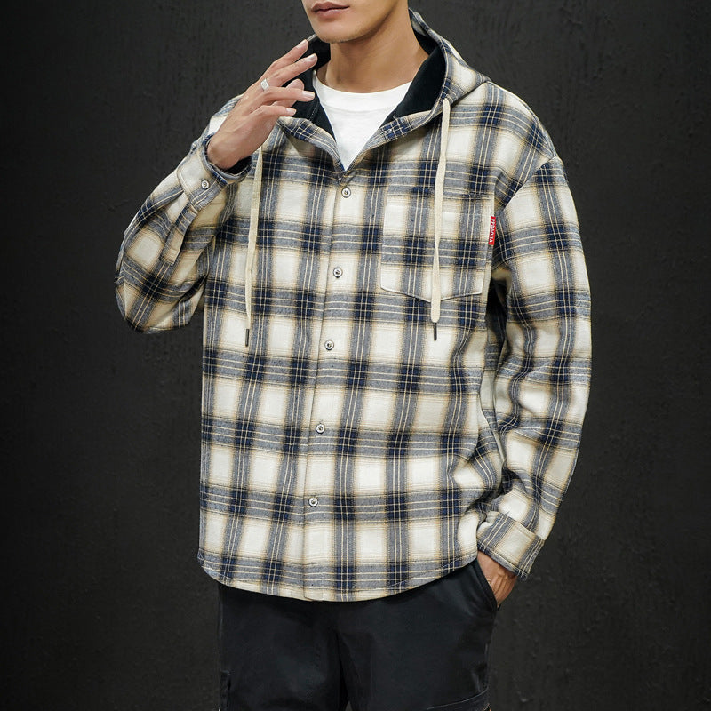 Size Black Wall Plaid Hooded Plus Velvet Thick Warm Shirt