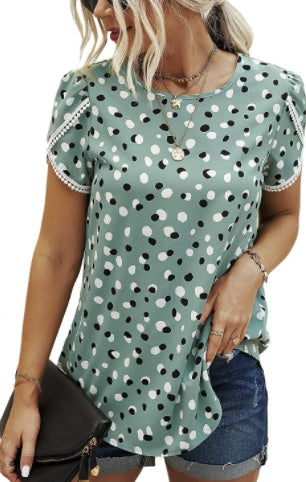 Lace Stitched Polka Dot Short Sleeved T Shirt Chiffon Top