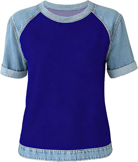 Denim Patchwork Crew Neck Short-sleeve Loose Casual Everyday Versatile