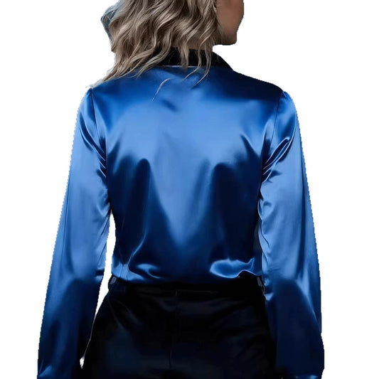 Women's Satin Color-Block Long-Sleeve Shirt Top