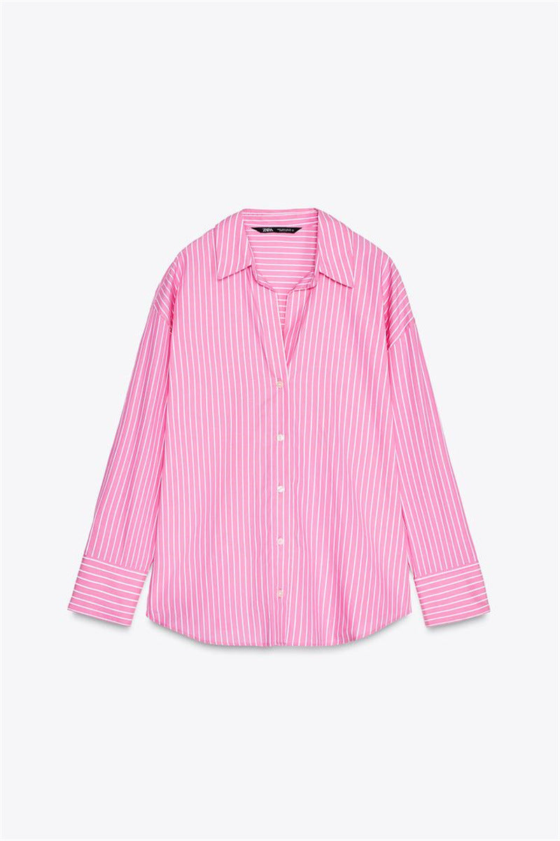 European And American Style Long Sleeve Lapel Loose Striped Poplin Shirt