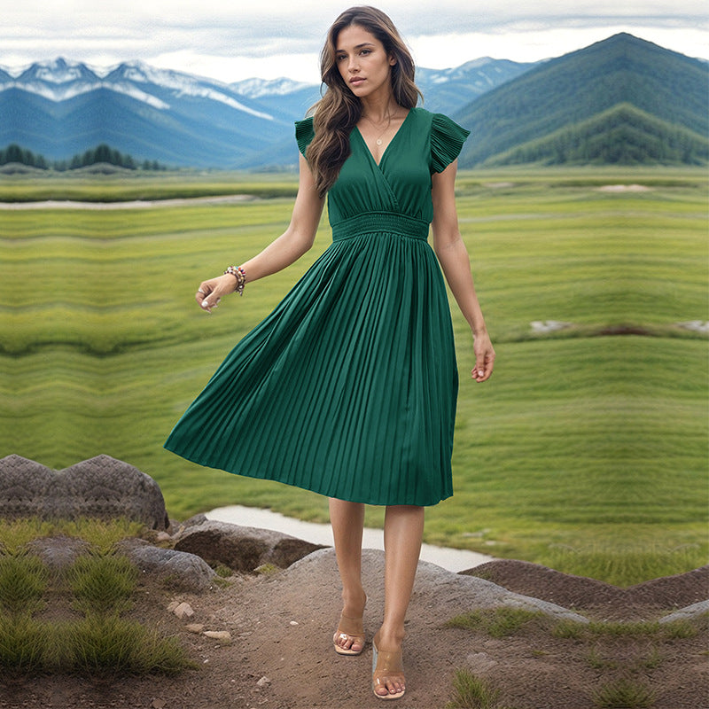 Simple Elegant V-neck High Waist Pleated Dress