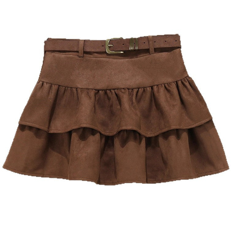 Brown Suede Cake Skirt For Women