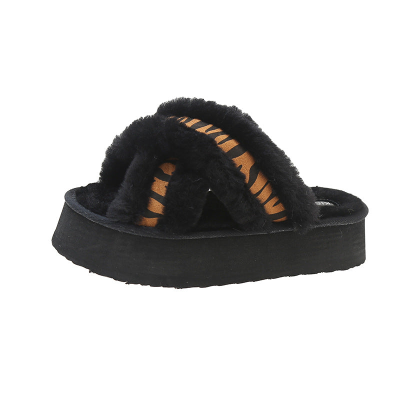 Women's Outer Wear Height Increasing Wool Sheep Fur Integrated Cross Plush Slippers