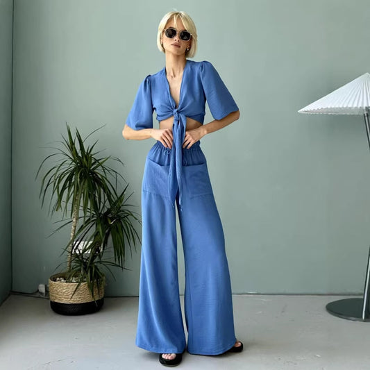 Fashionable Strappy Deep-V Top And Wide-Leg Pants Two-Piece Set