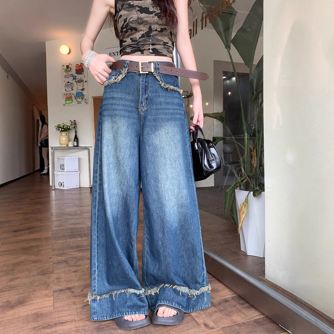 Retro råkantede jeans til damer, løse, højtaljede bukser med vide ben