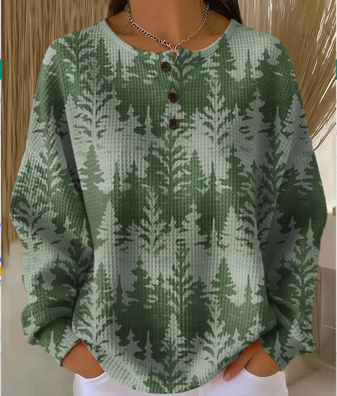 Retro 3D Digital-Print Three-Button Stand-Up Collar Sweater