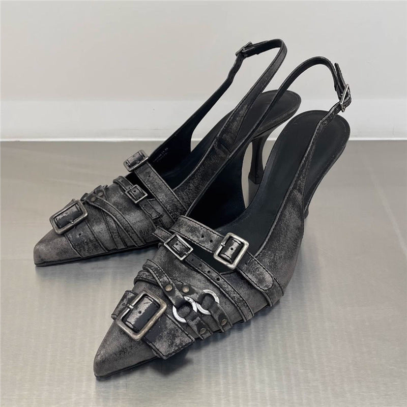 Womens Retro Pointed-Toe Ankle-Strap High Heel Sandals