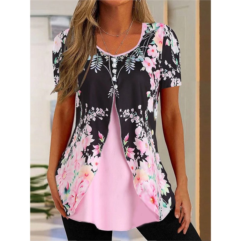 Women's Floral Print Round Neck False Two Pieces Button Short Sleeve T-shirt