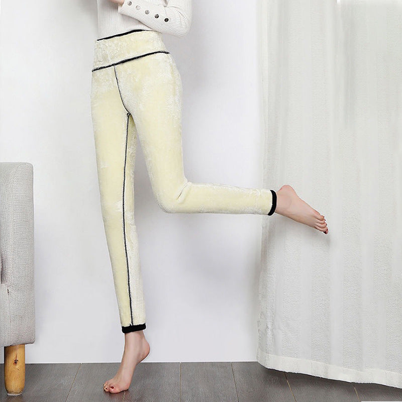 Outer Wear Plus Velvet Padded Feet Women High Waist Stretch Thermal Pants Cotton Trousers