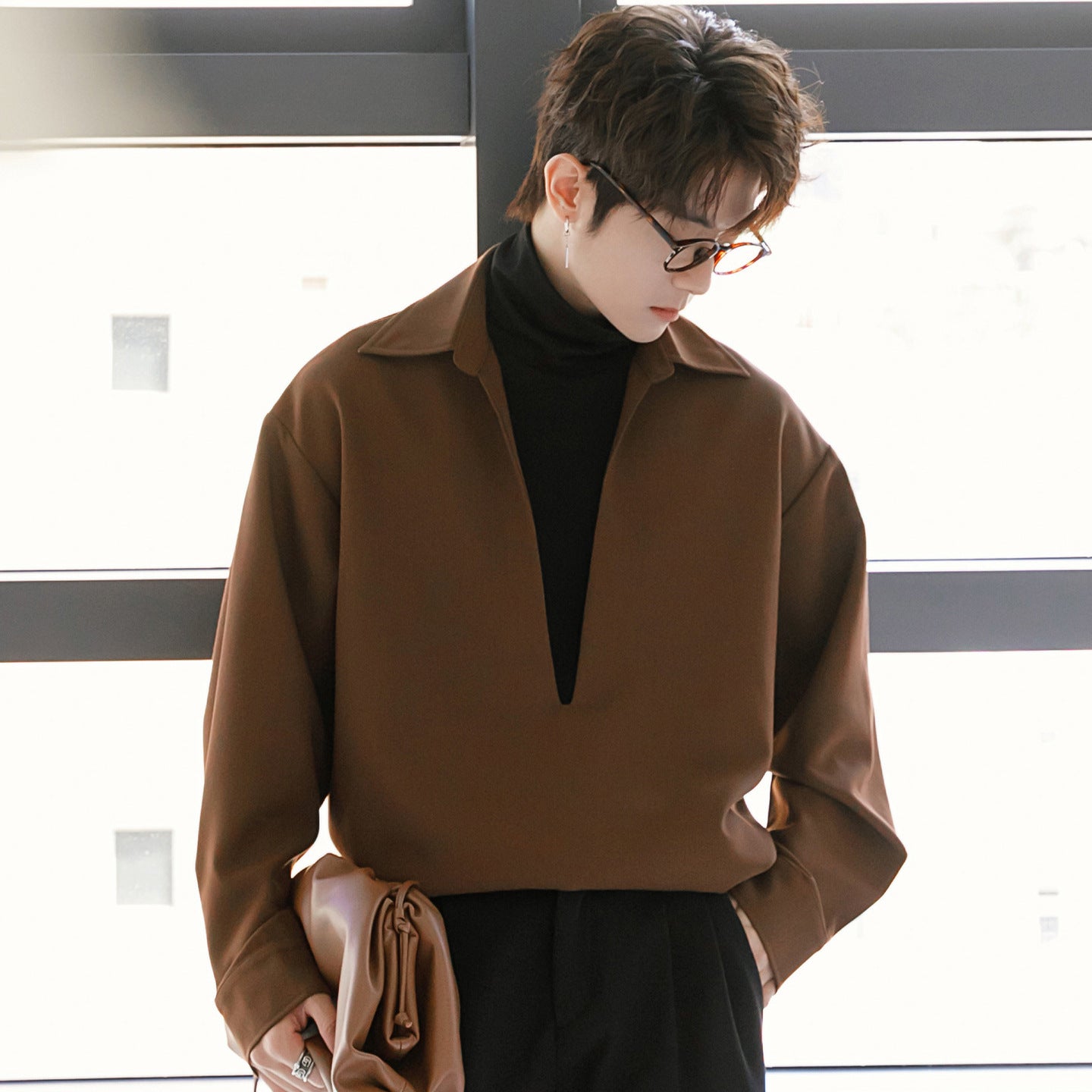 V-neck Long-sleeve Faux Two-piece Patchwork Contrast-color Pullover Shirt
