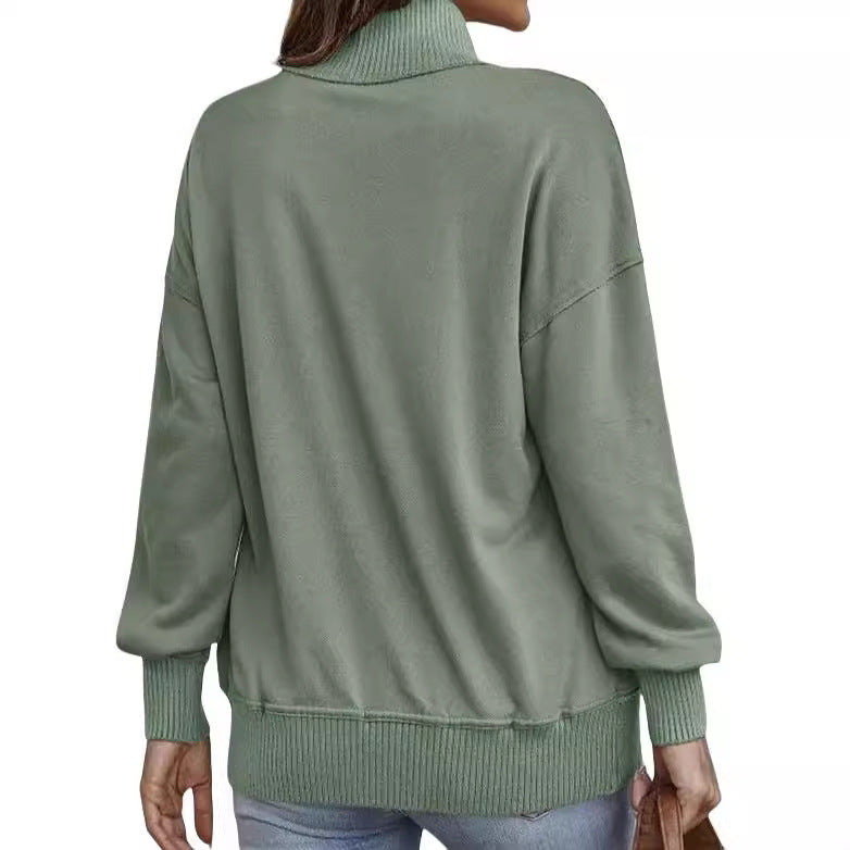 Dame ensfarvet sweatshirt med lange ærmer og knapper samt lommedesign
