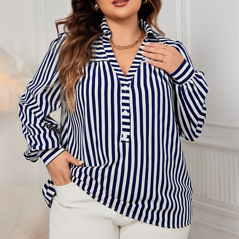 Blue And White Striped Shirt Top European And American Temperament Commuting