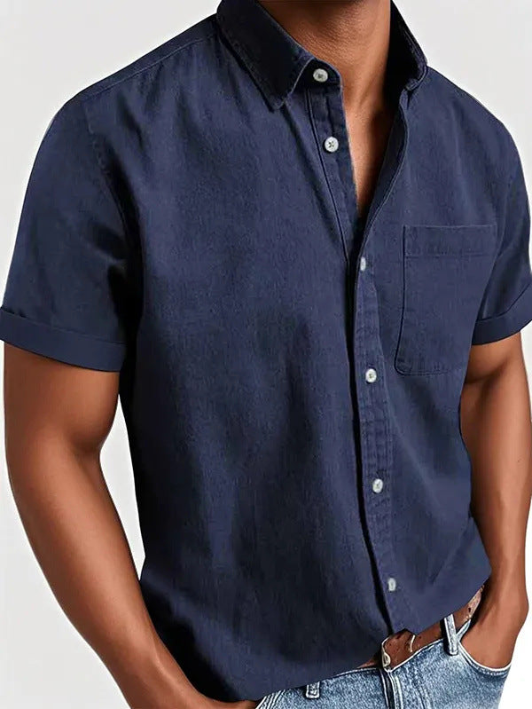 Polo Collar Solid Color Pocket Single-breasted Men's Short-sleeved Shirt