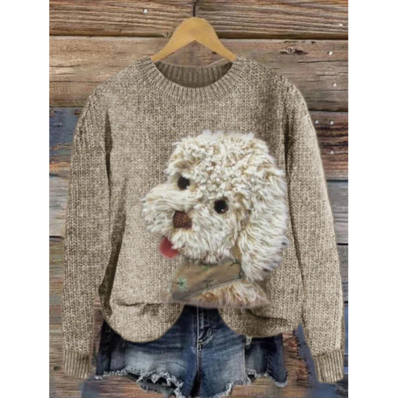 Womens Printed Crew-Neck Chunky-Knit Faux Sweater