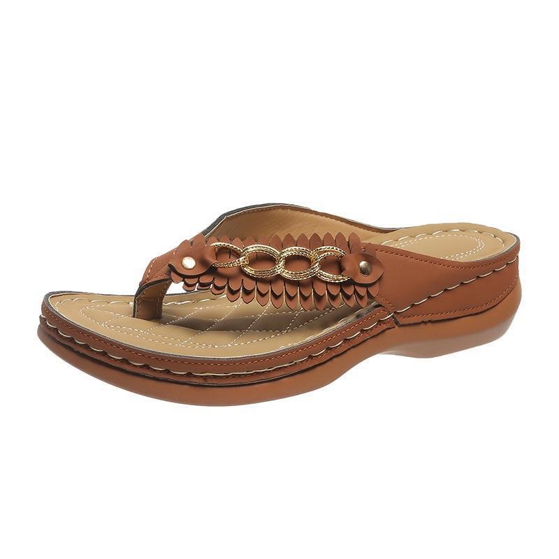 Round Head Hollow Metal Buckle Wedge Outdoor Pure Color Comfort Flip Flops