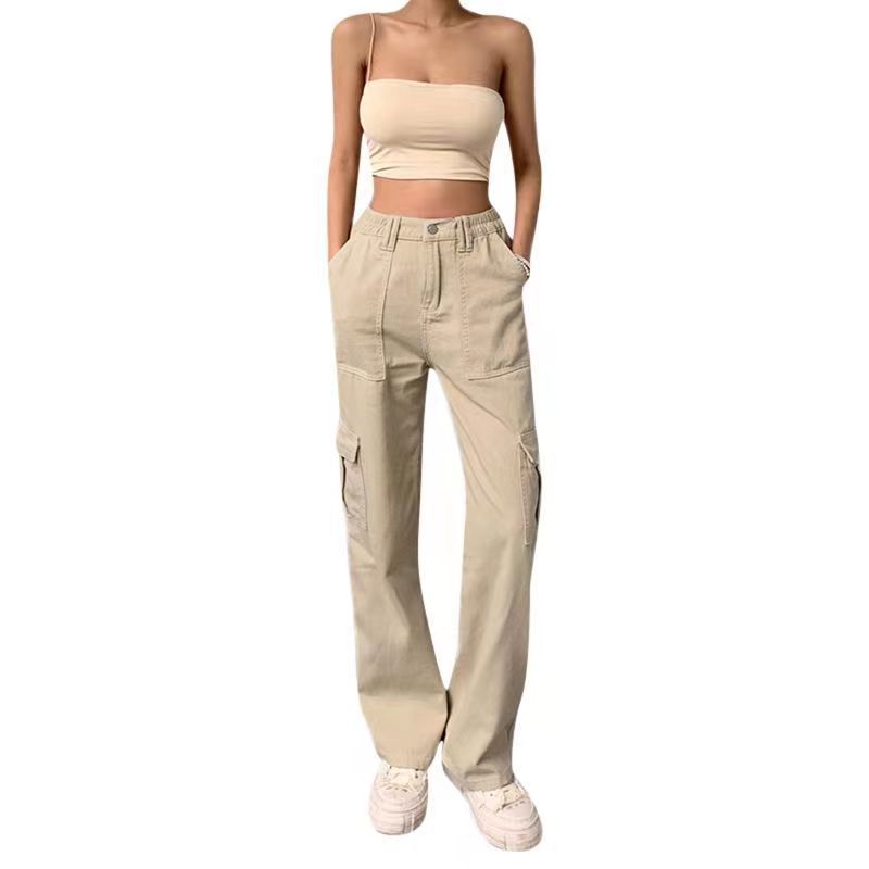 Slim-fit High Waist Elastic Waist Multi-pocket Women's Overalls