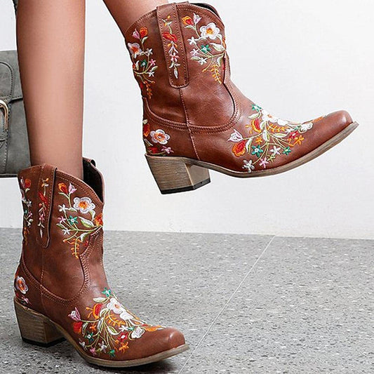 Women's Fashion Comfortable Low Heel Embroidered Boots