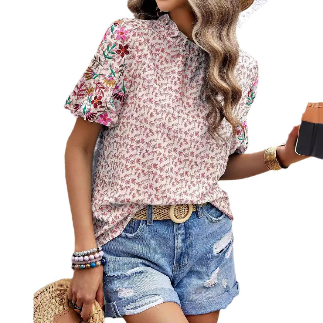 Embroidered Printed Buckle Wave Turtleneck Short Color Matching Top