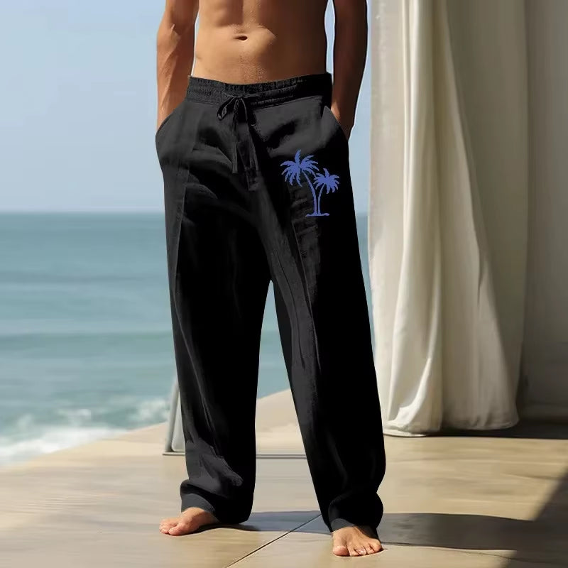 2025 Men'S Coconut Printed Breathable Cotton and Linen Loose Casual Sports Pants