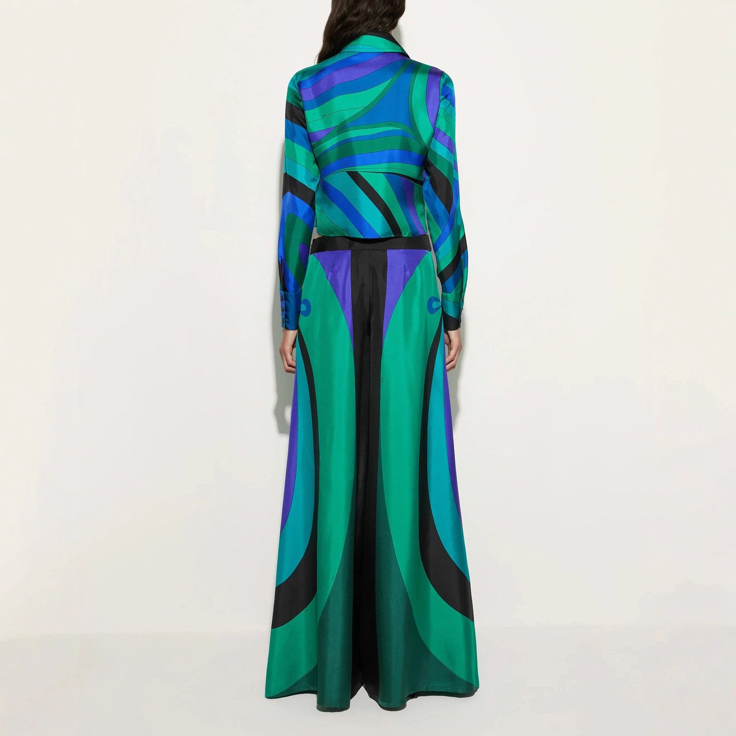 Printed Satin Long Sleeve Shirt And Wide-leg Pants Two-piece Set