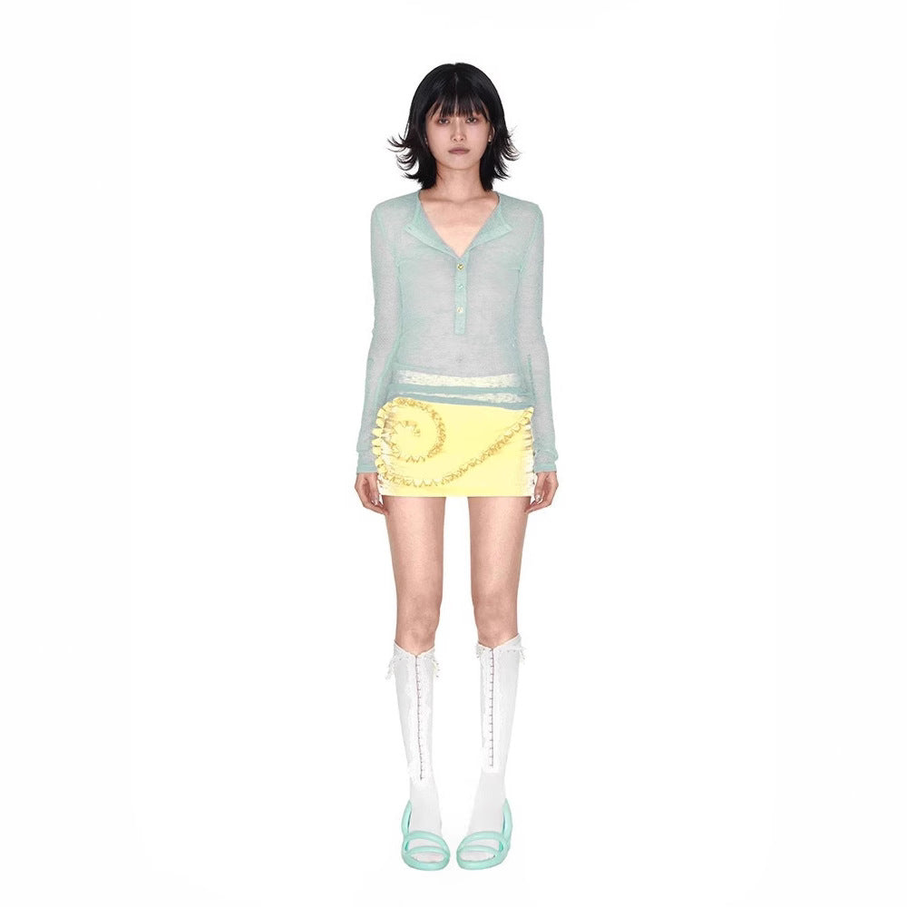 Handmade Three-dimensional Lace Vortex Lemon Yellow Mercerizing Satin Surface Skirt