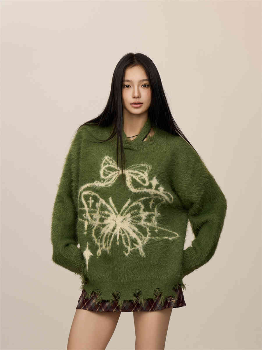 Sommerfugle-jacquard uldsweater med minklignende finish til jul og nytår