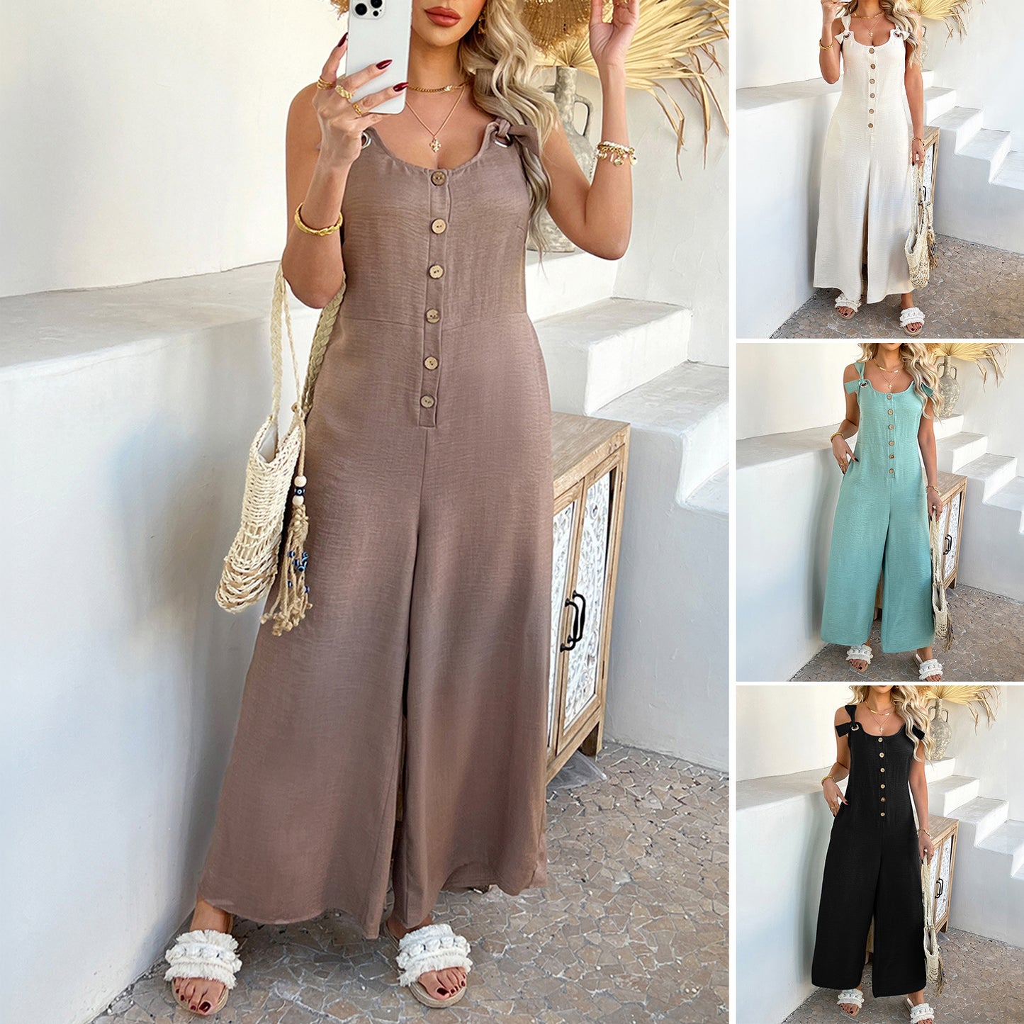 Solid-color Casual Loose-fit Resort-style Cardigan Wide-leg Jumpsuit